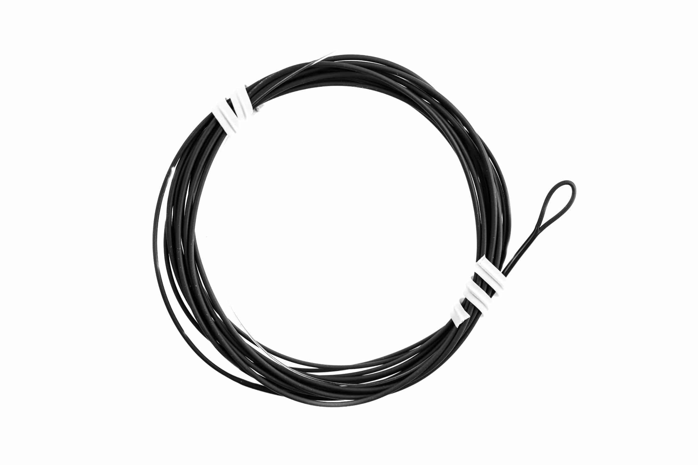 Airflo Salmon/Steelhead polyleader: coiled black poly tubing with looped end and white ties, fly fishing leader