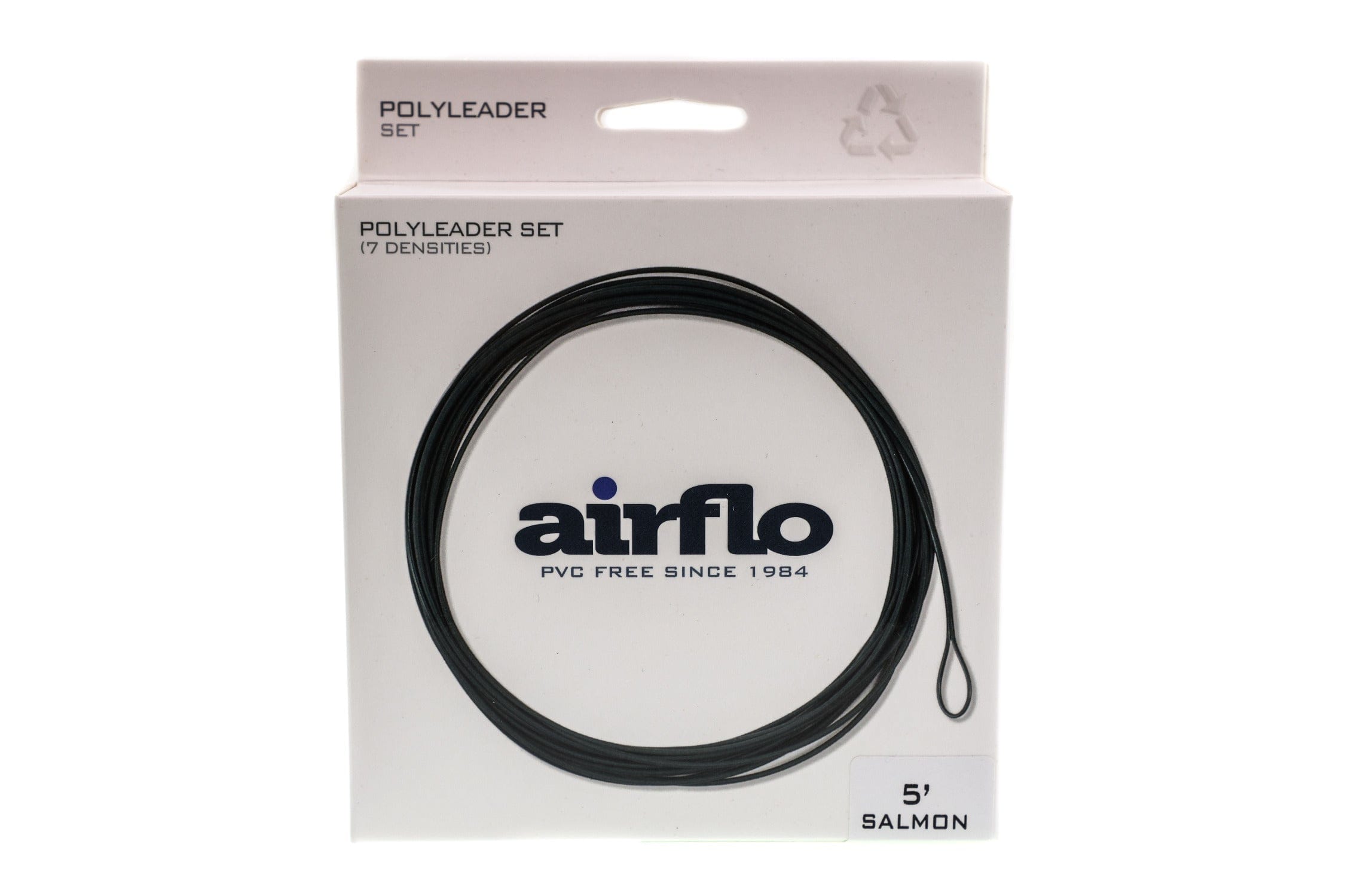Airflo polyleader set: white retail box with black coiled poly leader loop, Airflo logo and 5' salmon leader label