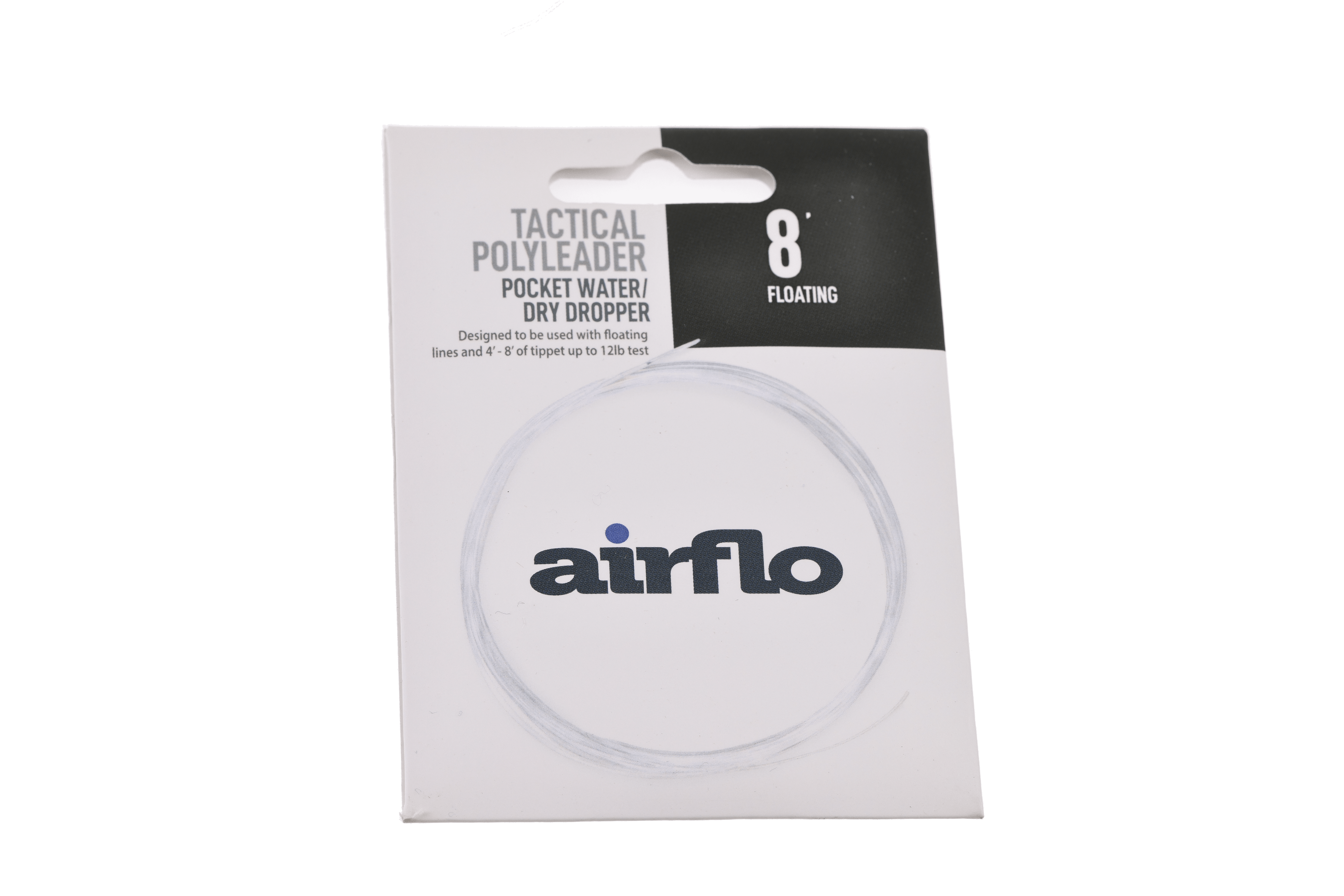 Airflo Tactical Polyleader packaging, white card with clear coiled polyleader, black 8' floating label, fishing leader