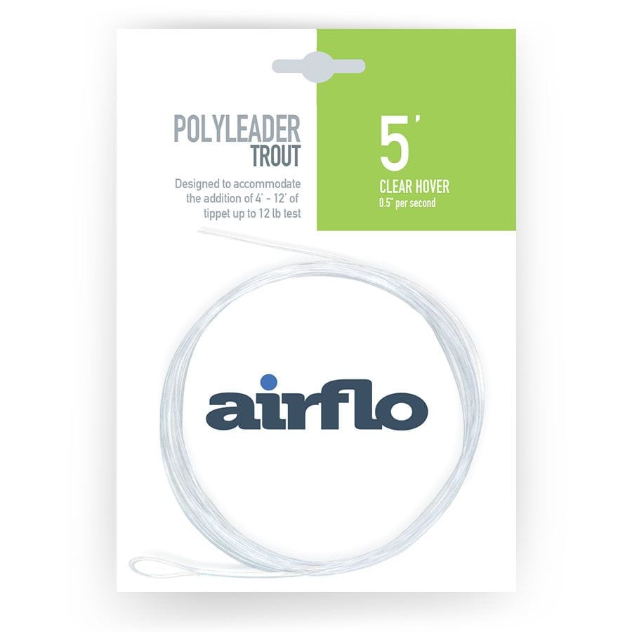 Airflo Trout polyleader packaging showing clear coiled 5' poly leader loop on white card with green 5' label and Airflo logo