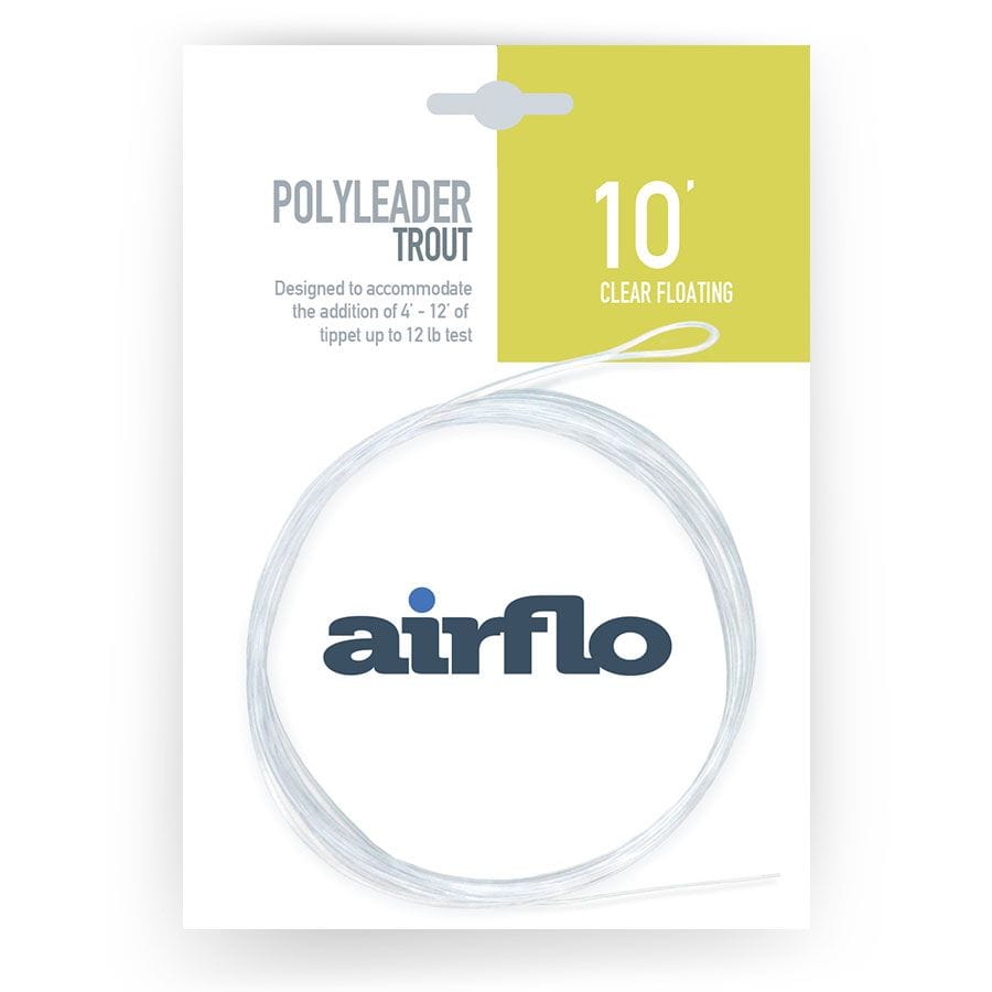 Airflo clear coiled trout polyleader on white backing card, 10' clear floating leader with looped end