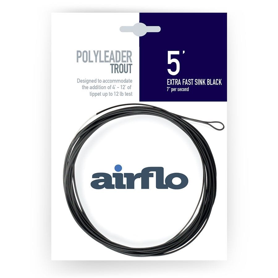 Black coiled Airflo Trout polyleader on white card packaging with navy 5' extra-fast sink label