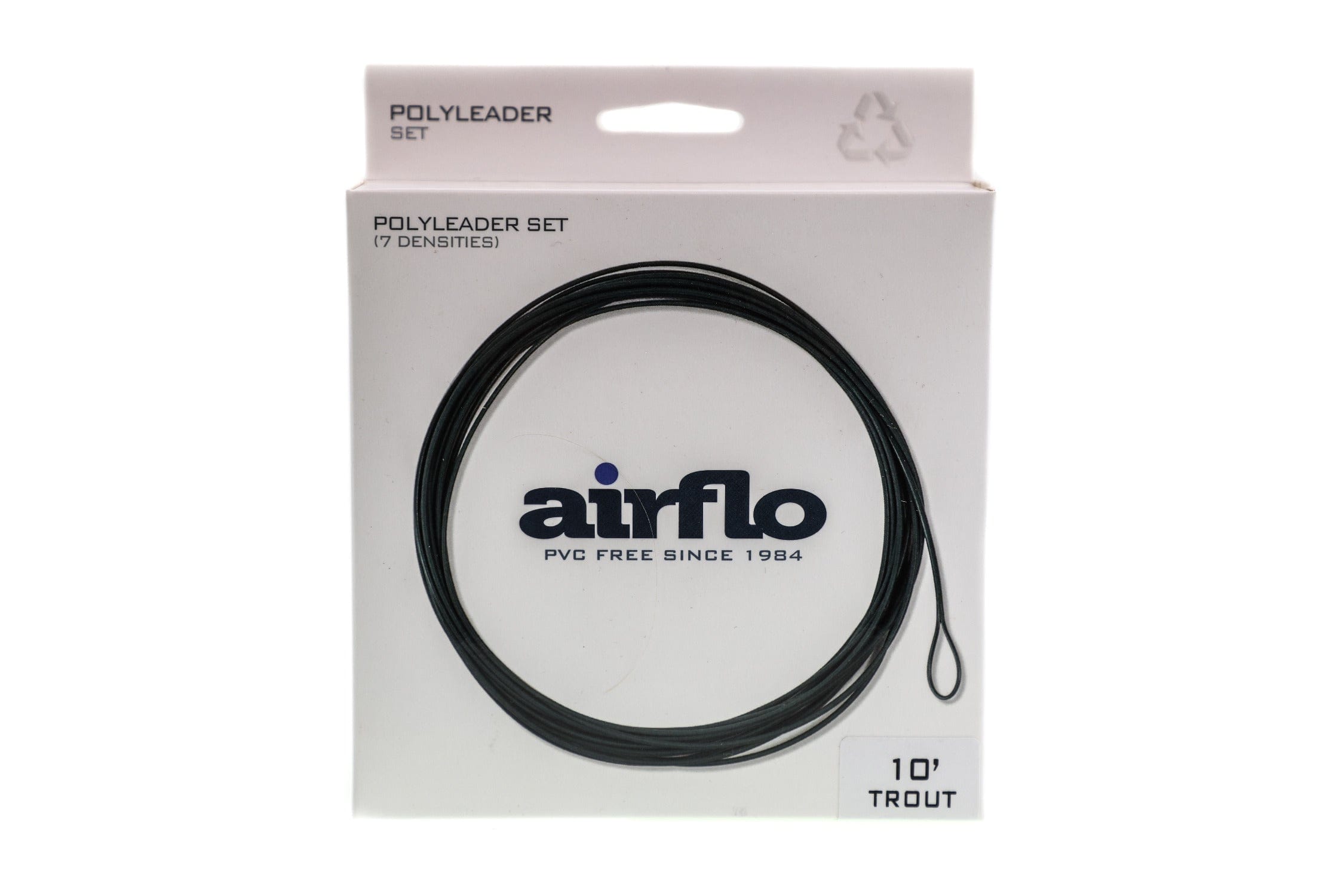 Airflo Trout polyleader set white box with navy logo and black coiled polyleader loop labeled 10' trout leader
