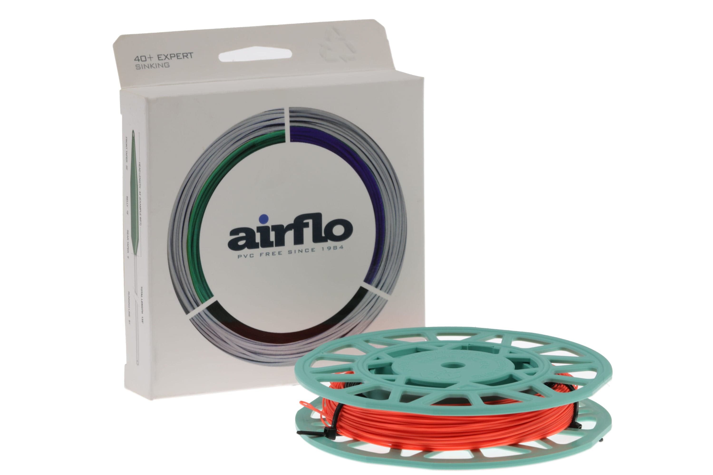 Airflo Booby Basher fly line: bright orange sinking fly line on teal plastic spool next to Airflo box with circular logo