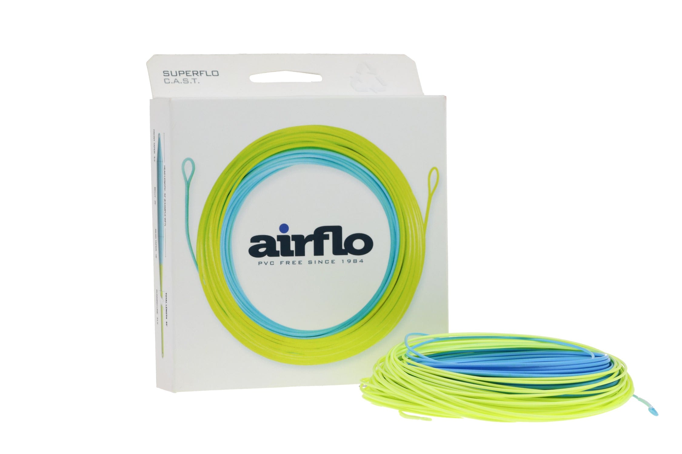 Airflo CAST Performance Taper fly line coil in neon yellow-green and aqua, PVC-free tapered fly line beside white branded box
