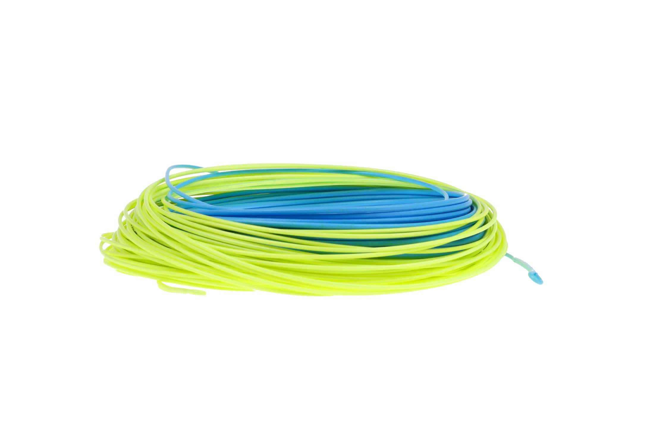 Coiled neon yellow and blue Airflo CAST performance taper fly line with welded loop tip