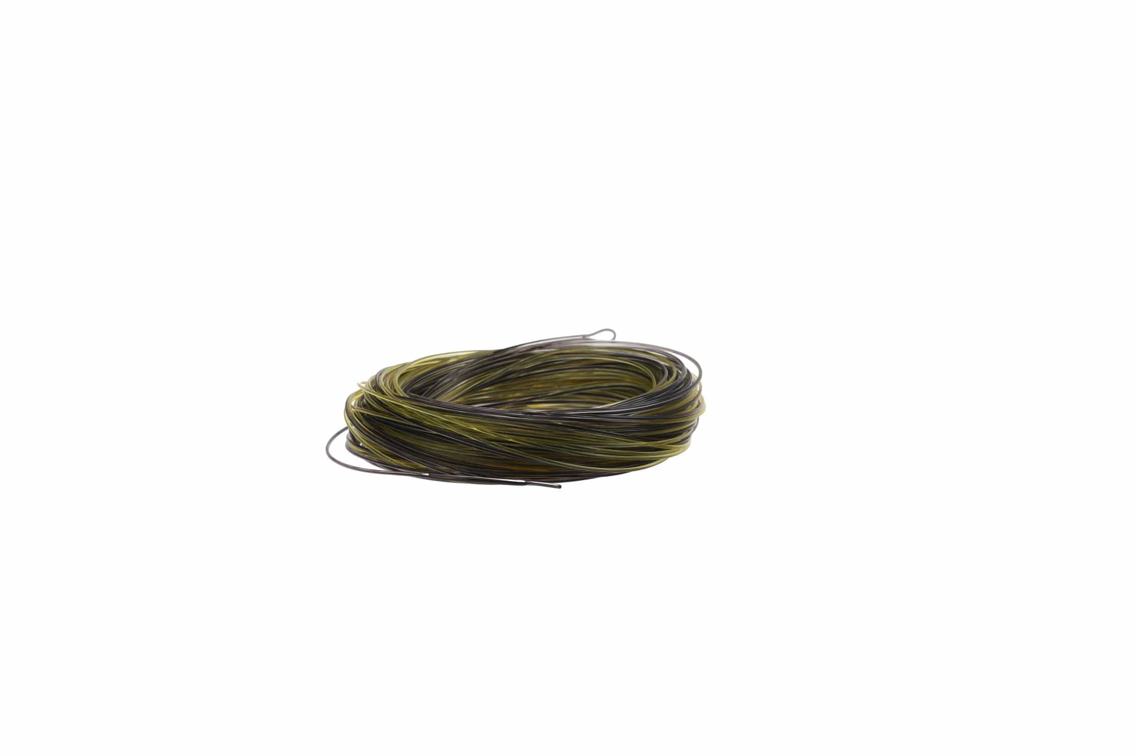 Coiled Airflo Delta taper camo clear intermediate fly line in olive and brown translucent material