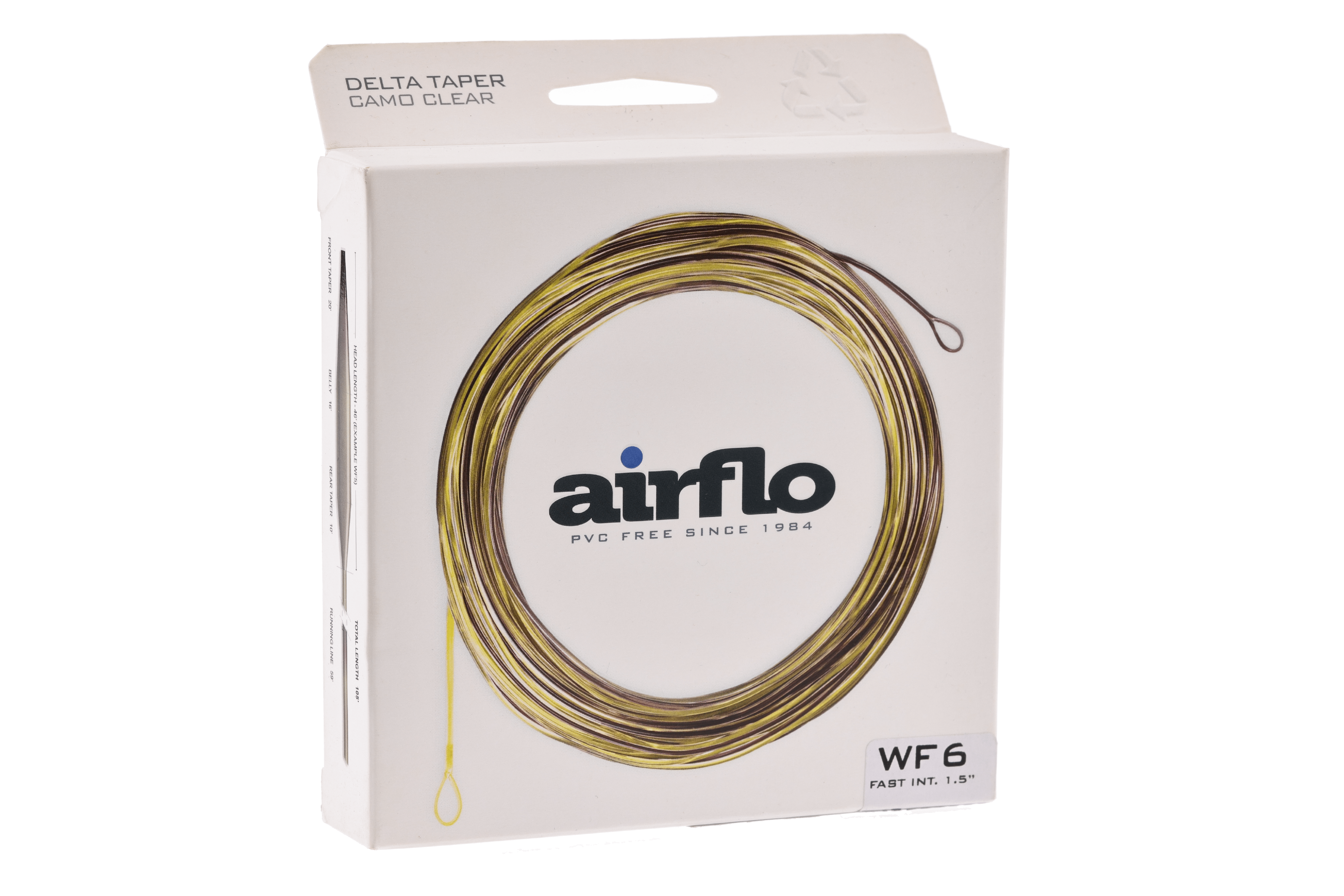 Airflo Delta Taper camo-clear fly line in white box, coiled yellow-brown tapered line with looped end
