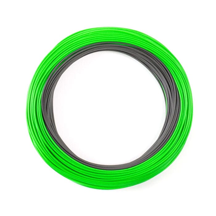 Airflo Depthfinder fast sinking fly line coil with neon green outer and charcoal gray inner on white background