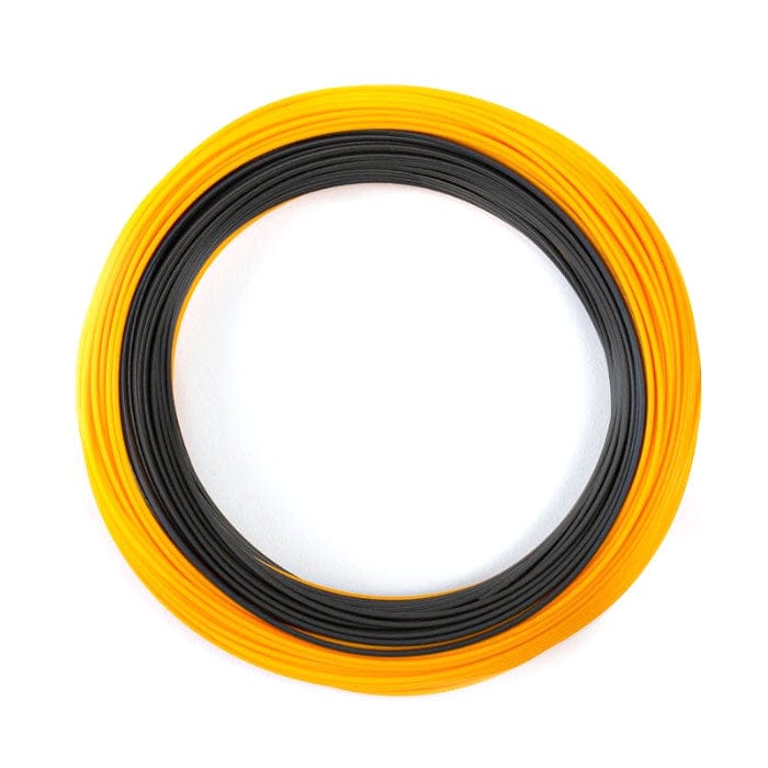 Airflo Depthfinder fast-sinking fly line coiled in two-tone bright yellow and dark gray, smooth PVC-coated line