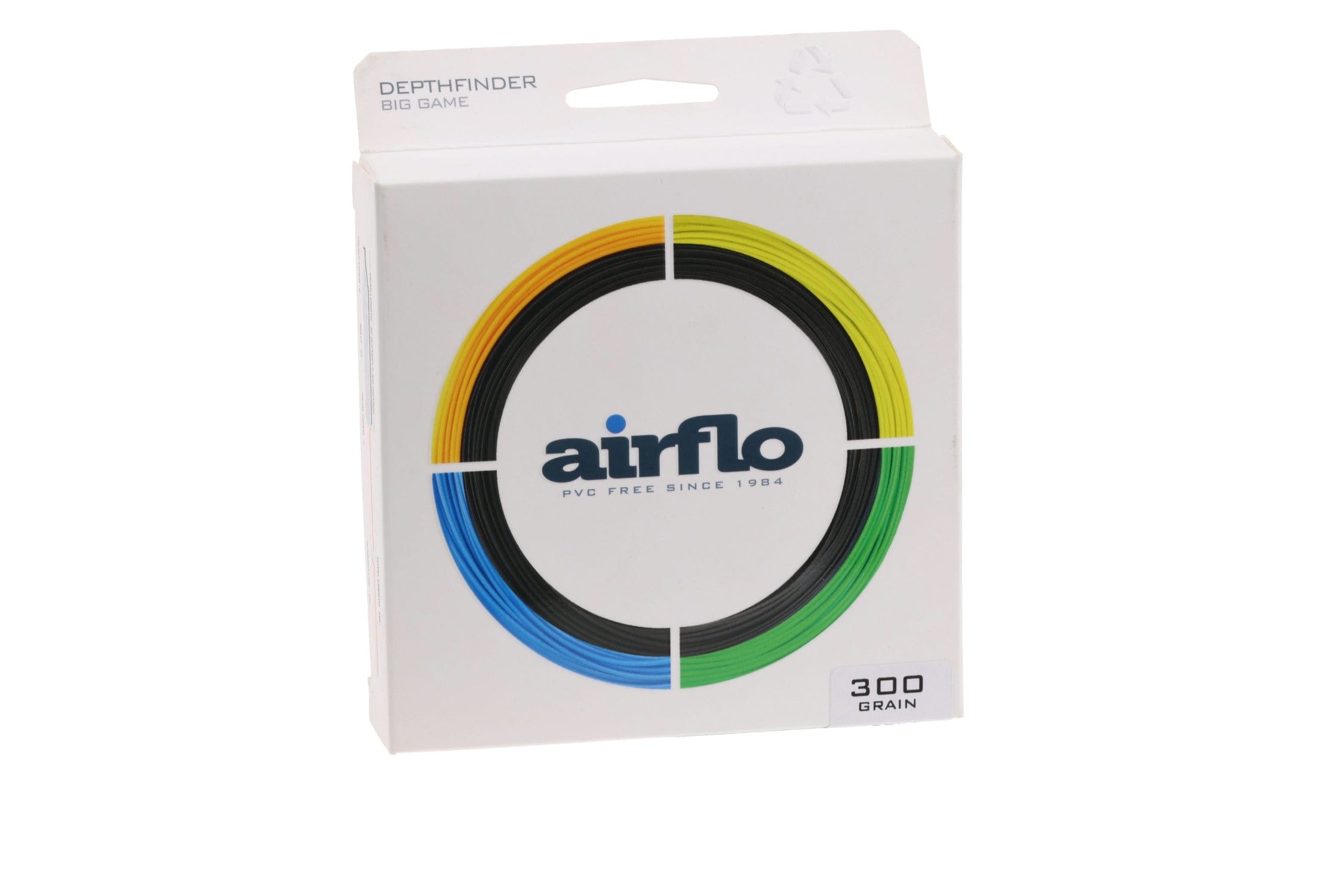 Airflo Depthfinder fast-sinking fly line in white box with multicolor yellow-black-green-blue ring, 300 grain