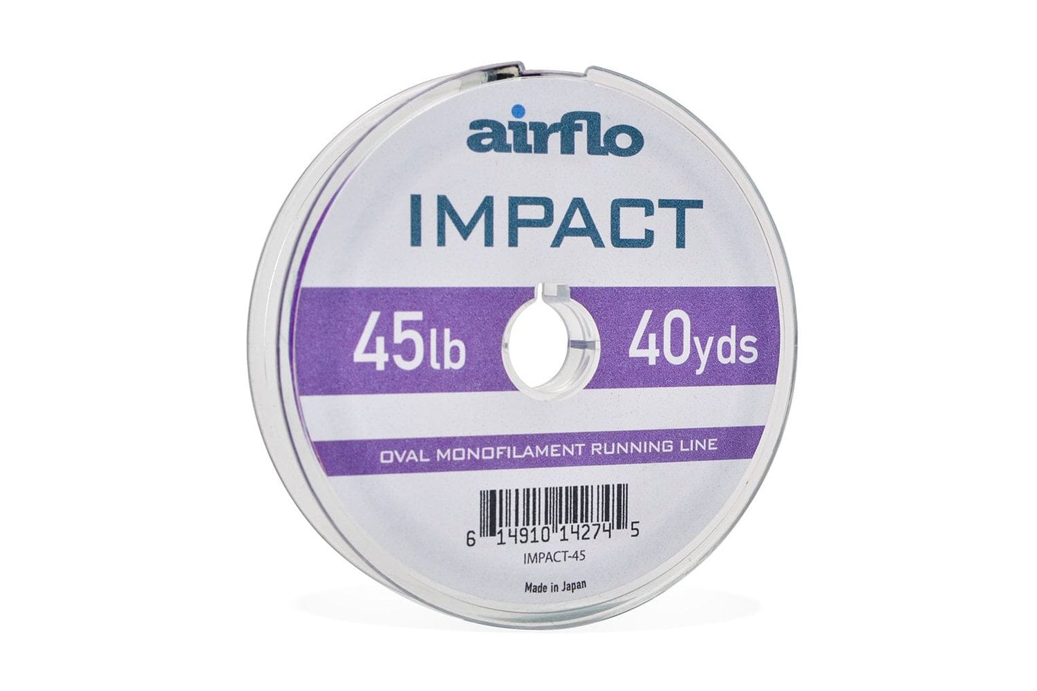 Clear plastic spool of Airflo Impact oval monofilament running line with white and purple label, 45lb 40yds