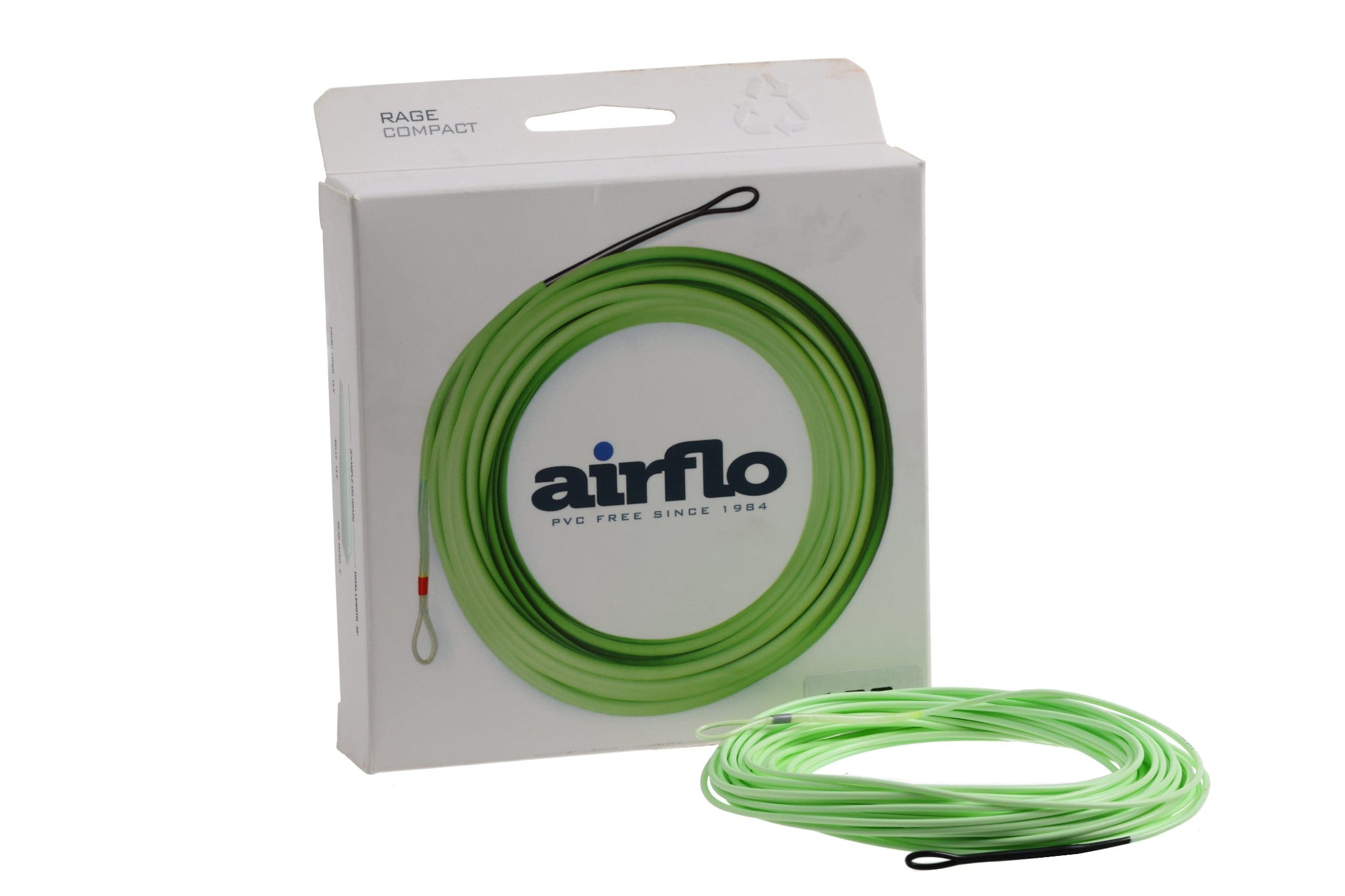 Bright lime green Airflo compact floating shooting head coiled with black loop, PVC-free fly line beside white box.
