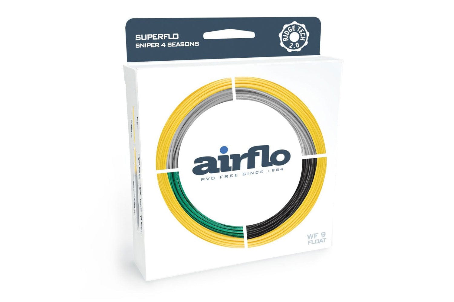 Airflo Ridge 2.0 Sniper 4 Seasons packaged white box with coiled yellow, gray, green and black fly line