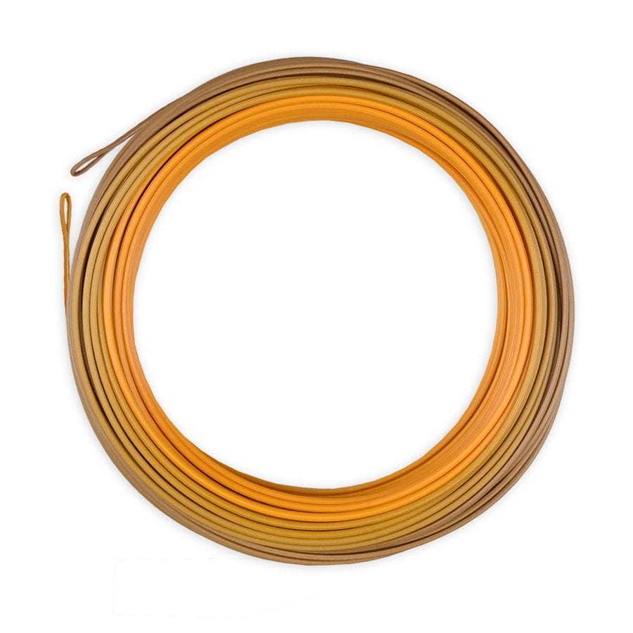 Coiled orange-to-brown PVC fly line with welded loops, Airflo Ridge 2.0 Superflo Max Redfish power line