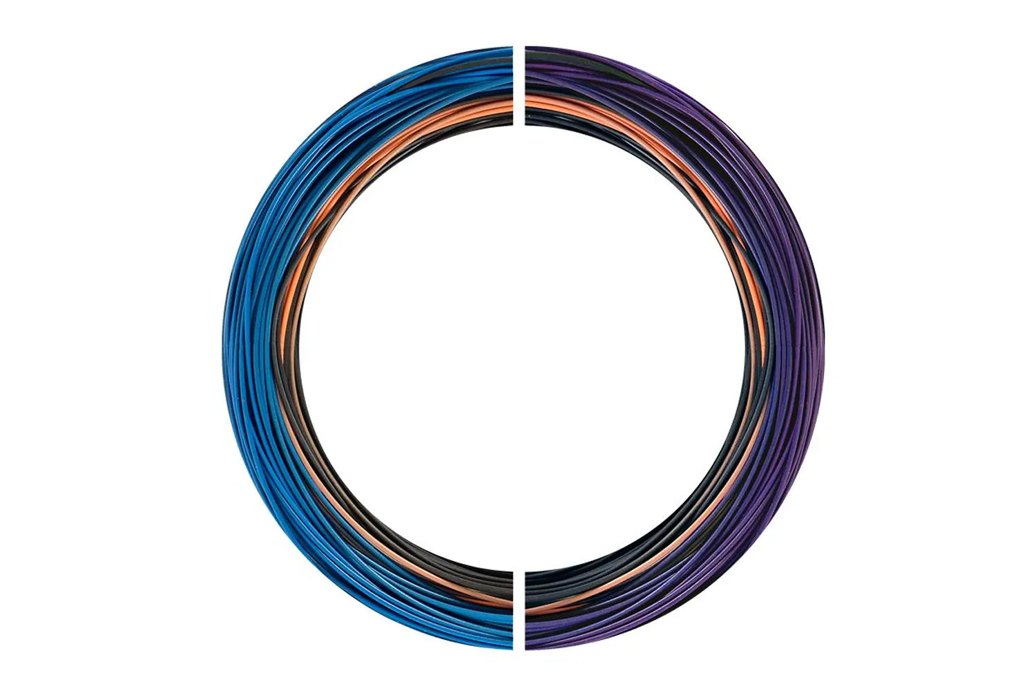 Coiled Airflo Sixth Sense 2 competitor fly line in blue-to-purple coating with orange and black core