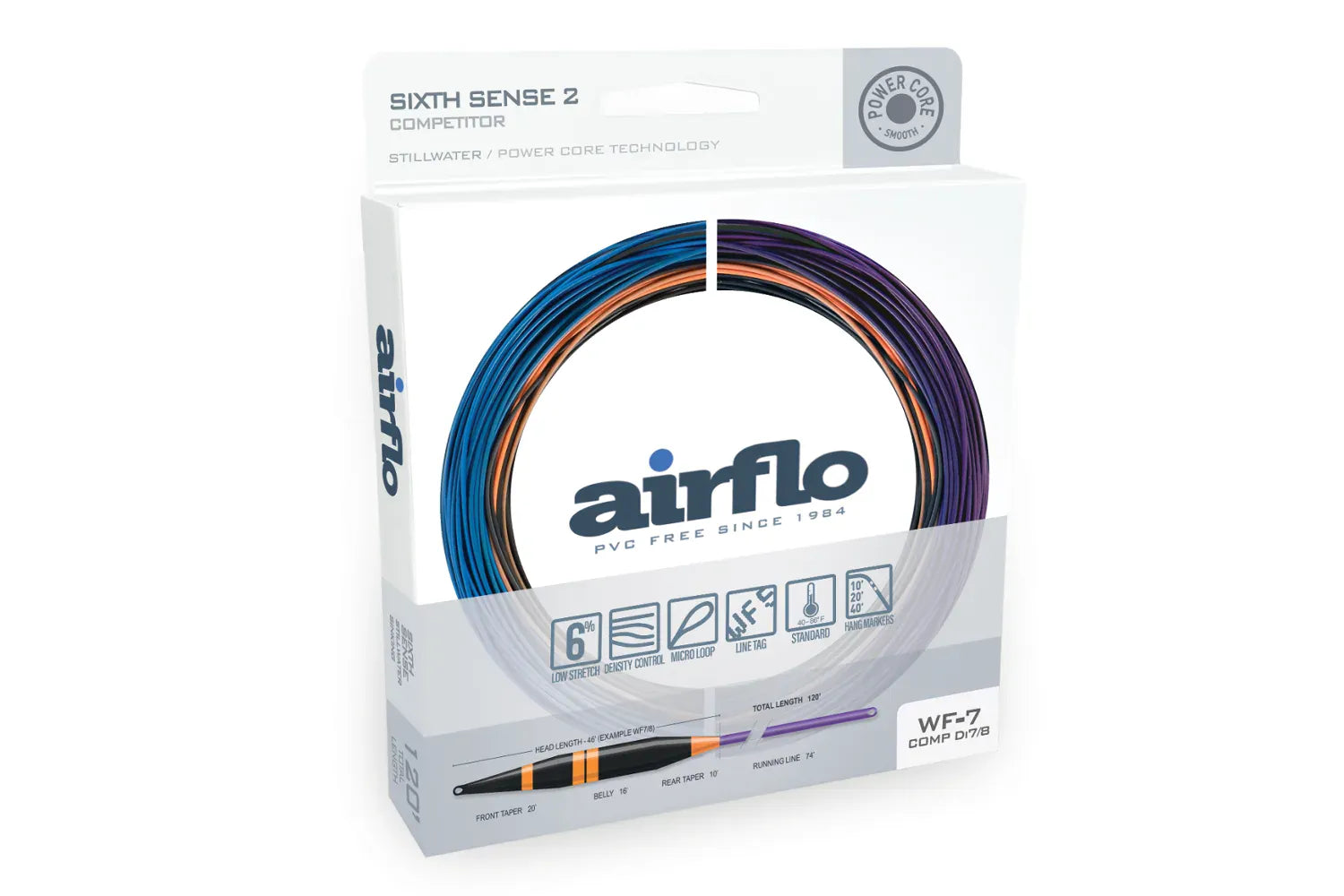 Airflo Sixth Sense 2 Competitor fly line coil in blue, purple and orange PVC-free coated line on white retail packaging, WF-7
