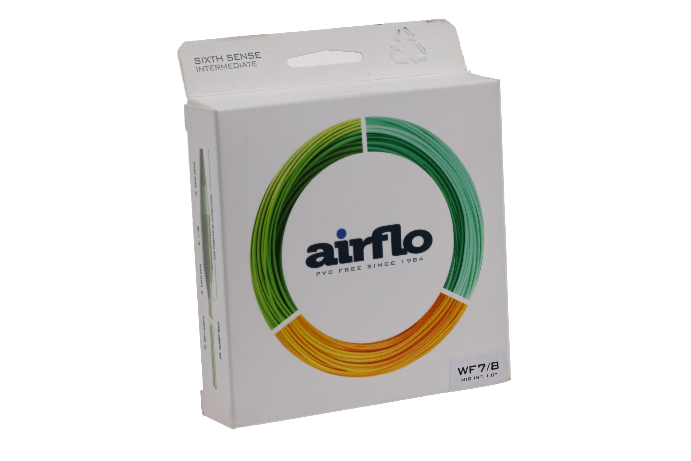 Airflo Sixth Sense 2 intermediate fly line packaging: white box with green, teal and yellow coiled fly line graphic