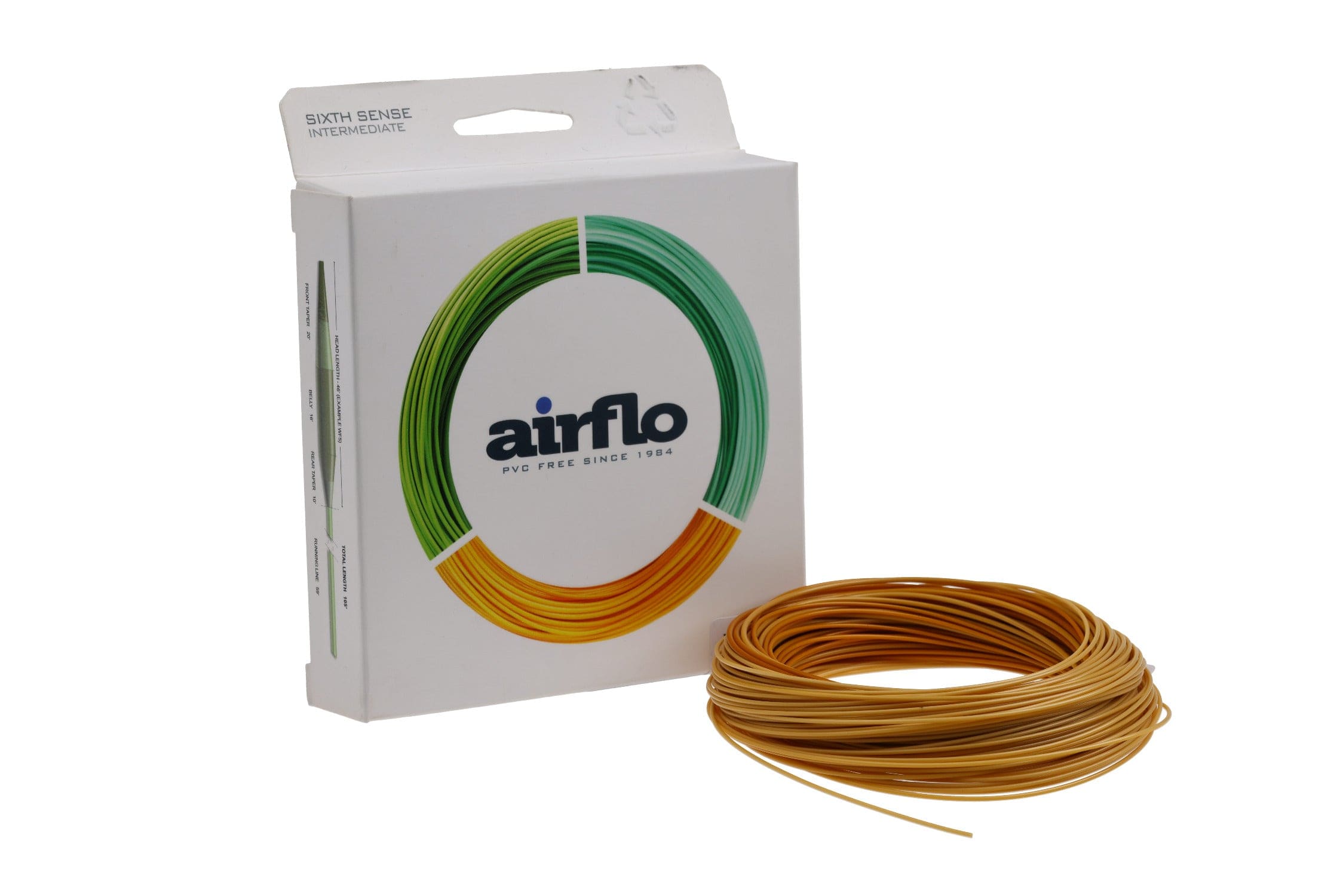 Airflo Sixth Sense 2 intermediate fly line: coiled amber-gold synthetic line beside white branded box with green-yellow ring