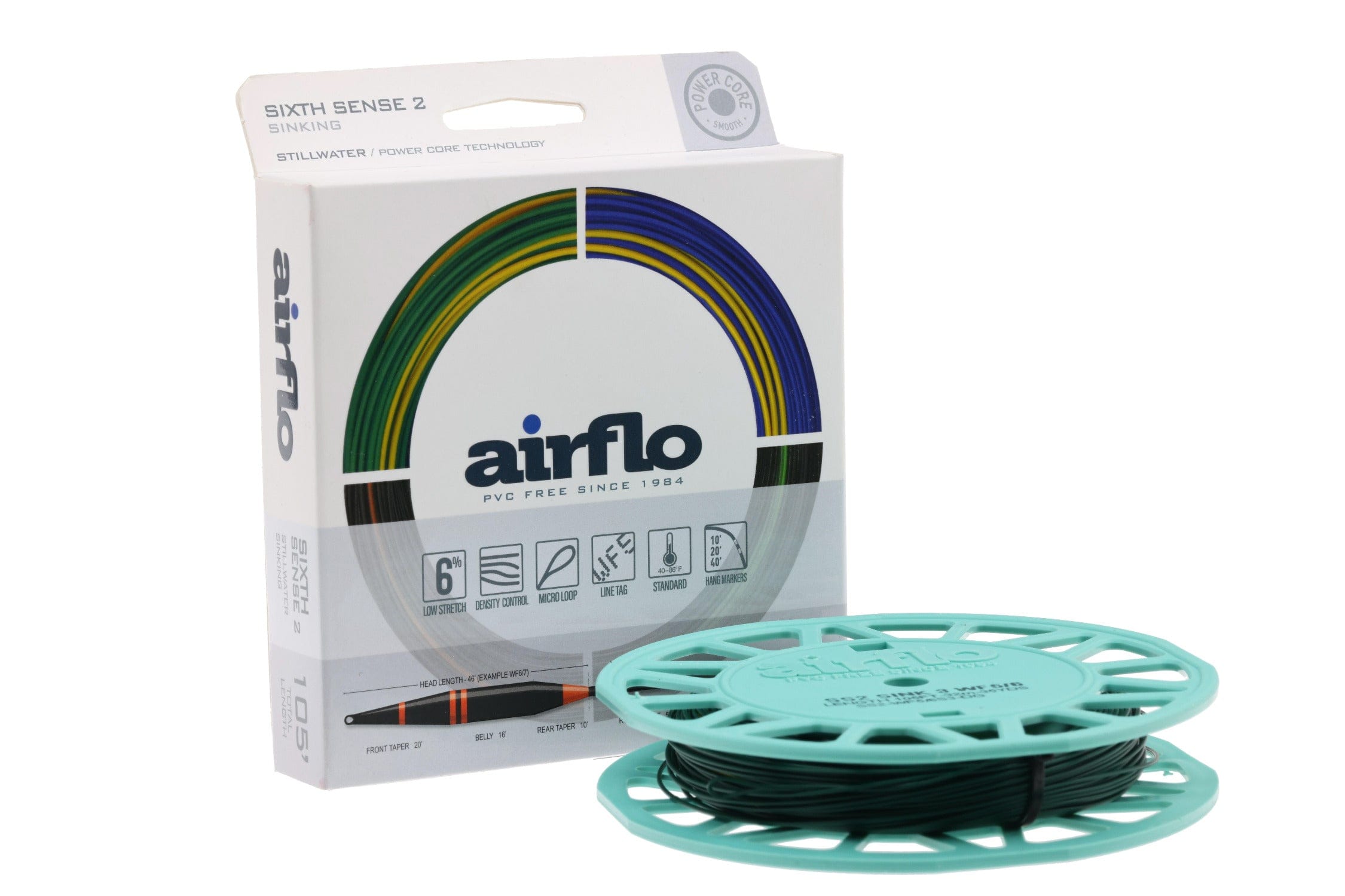 Airflo Sixth Sense 2 sinking fly line dark green coiled on teal spool beside white box with multicolor ring
