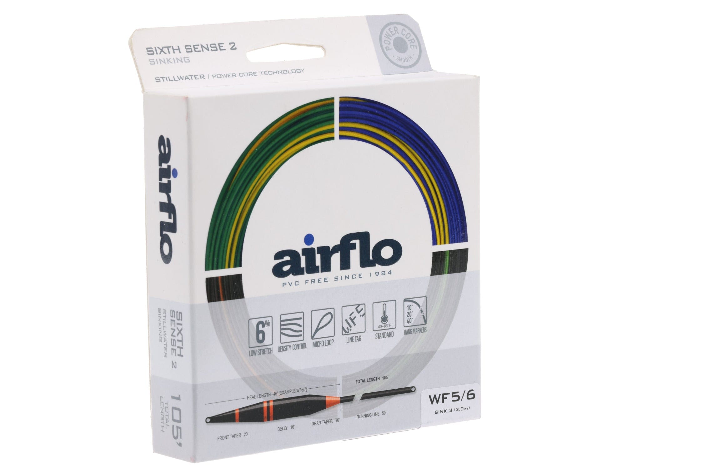 Airflo Sixth Sense 2 sinking fly line box, white packaging with multicolor green-yellow-blue coil graphic and WF5/6 label