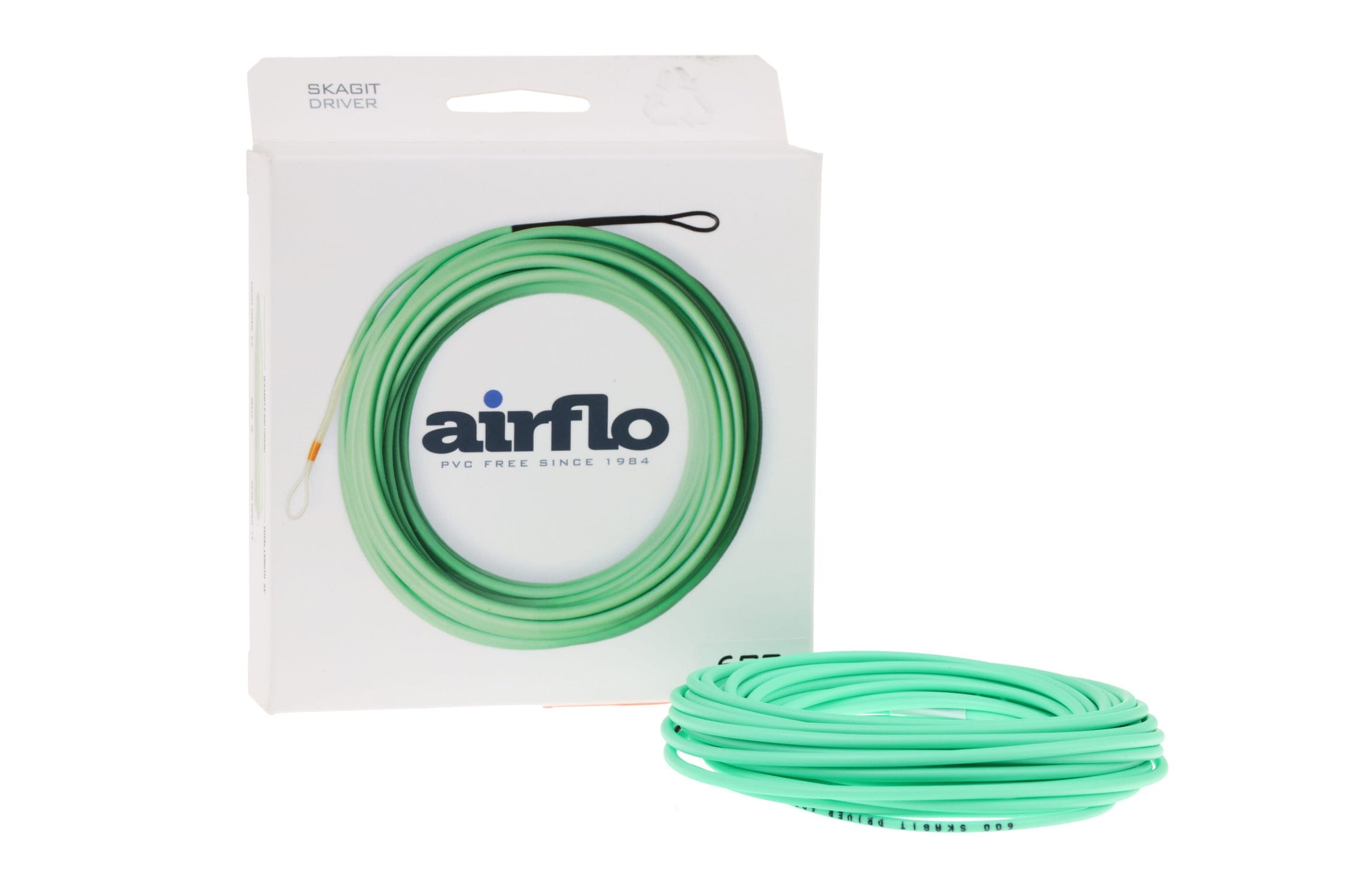 Airflo Skagit Driver mint green coiled shooting head fly line with looped ends beside white logo box
