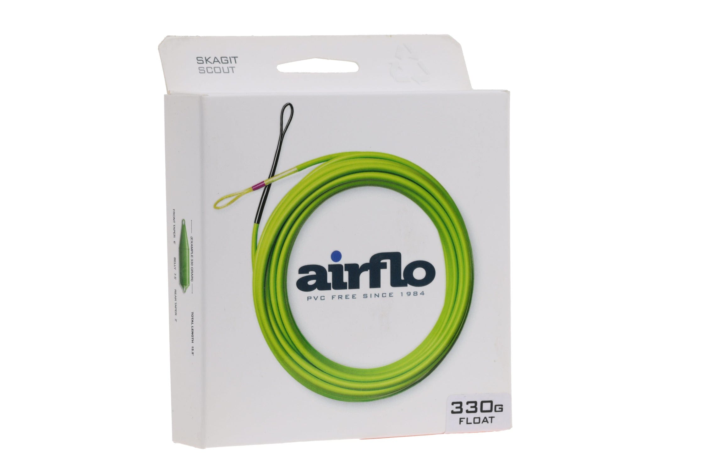 Airflo Skagit Scout fly line white box with lime green coiled floating line graphic, Airflo logo and 330g float label