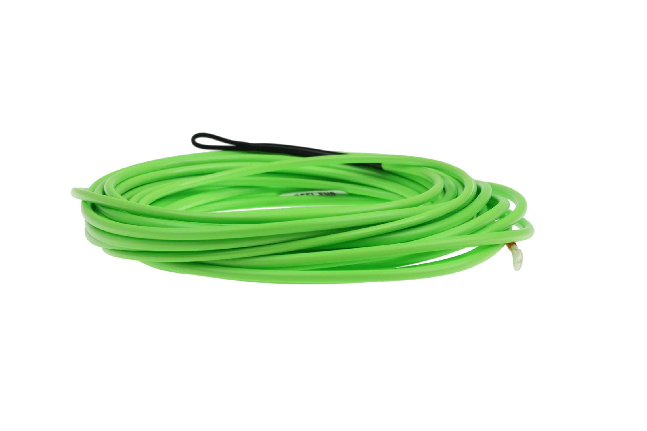 Coiled fluorescent green Airflo Skagit Scout fly line with black loop end, smooth plastic line for fly fishing
