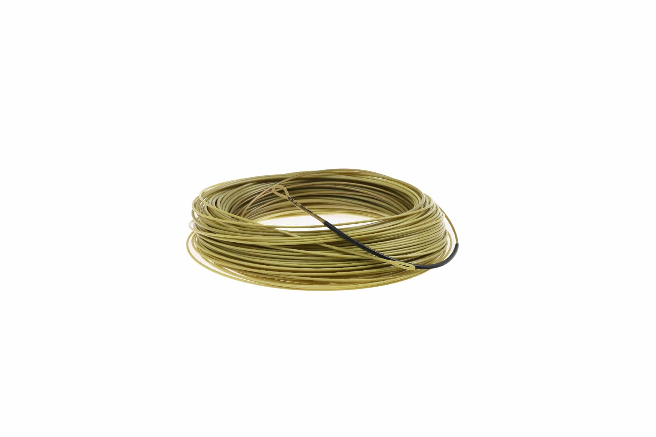 Olive-green coiled Airflo Superflo fly line with black reinforced 3ft anchor tip