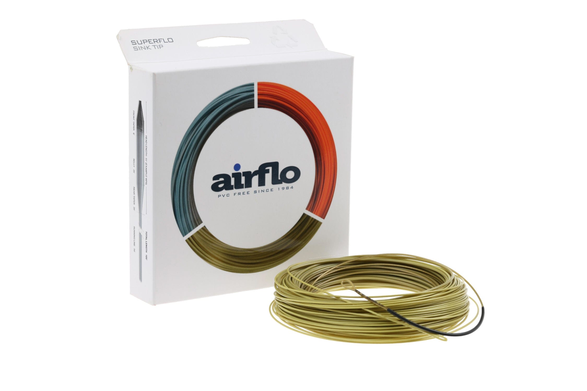 Coiled olive-yellow fly line anchor tip beside white Airflo box with blue-orange-brown ring logo
