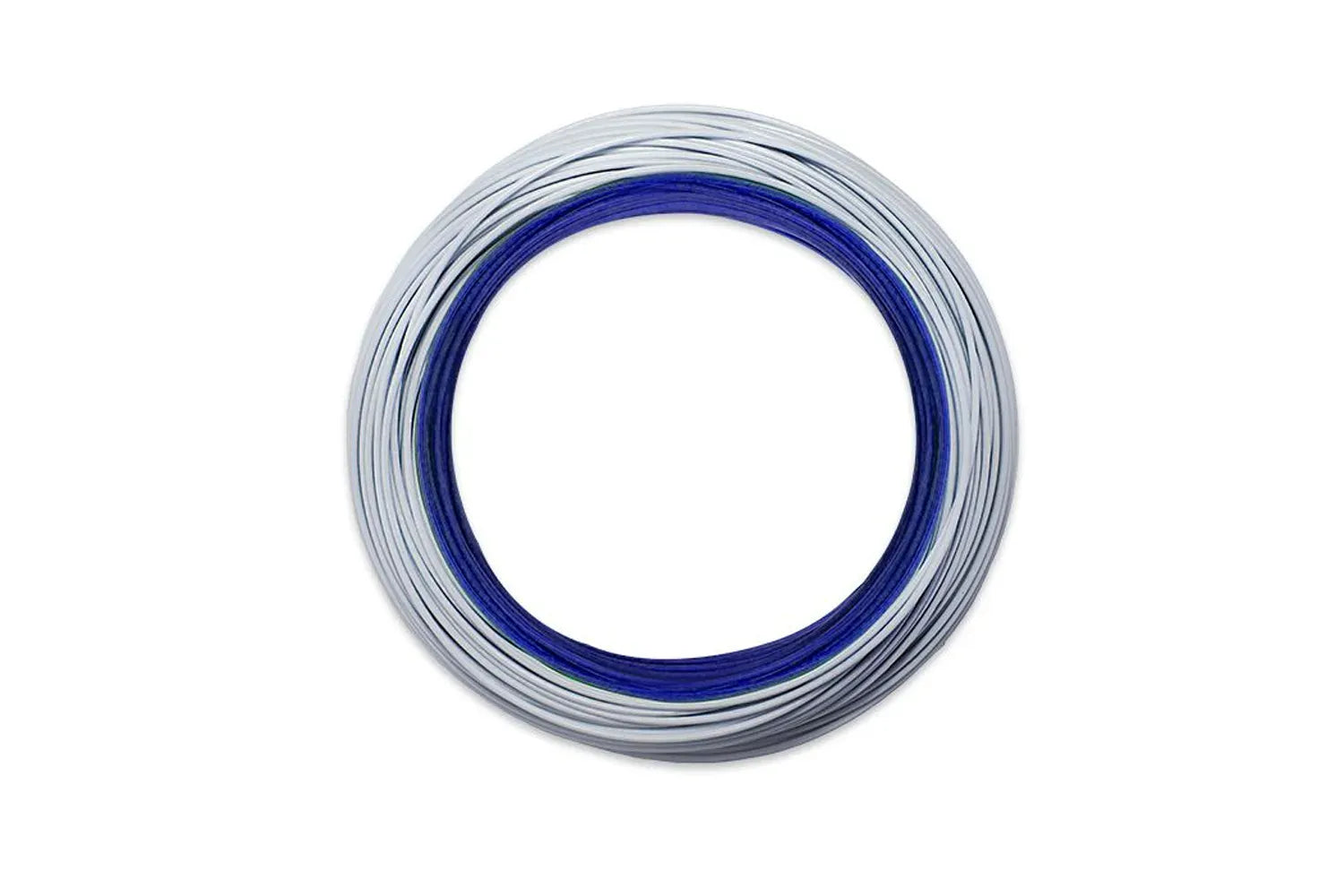 Airflo Superflo 40+ Expert coiled fly line with silver-gray coated body and deep blue core, smooth PVC finish