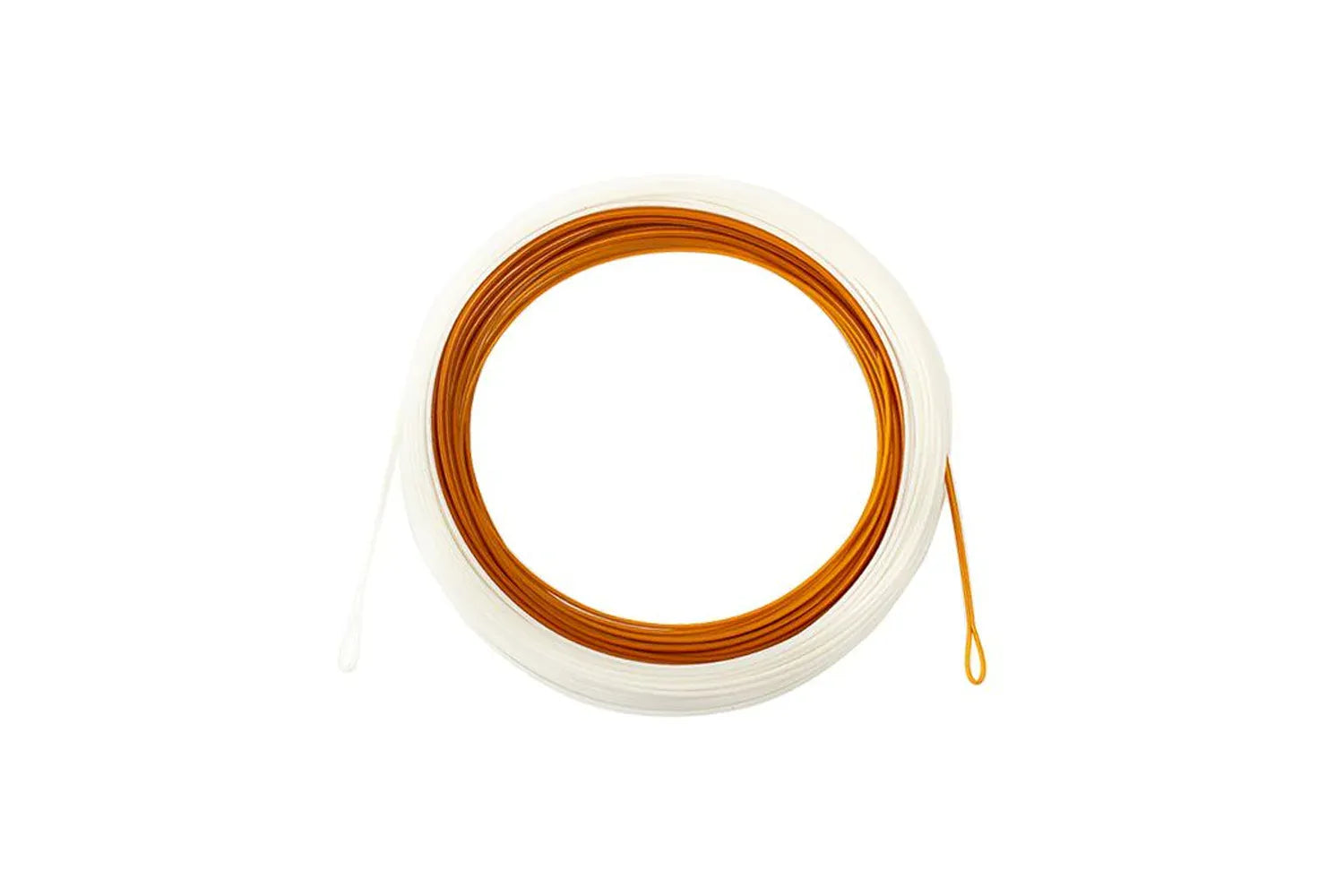 Coiled Airflo Superflo 40+ expert fly line, orange core with white coated outer layer and welded loop end