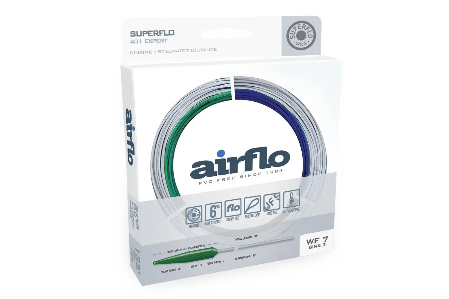 Airflo Superflo 40+ Expert fly line package with coiled green, blue and silver sinking line on white box