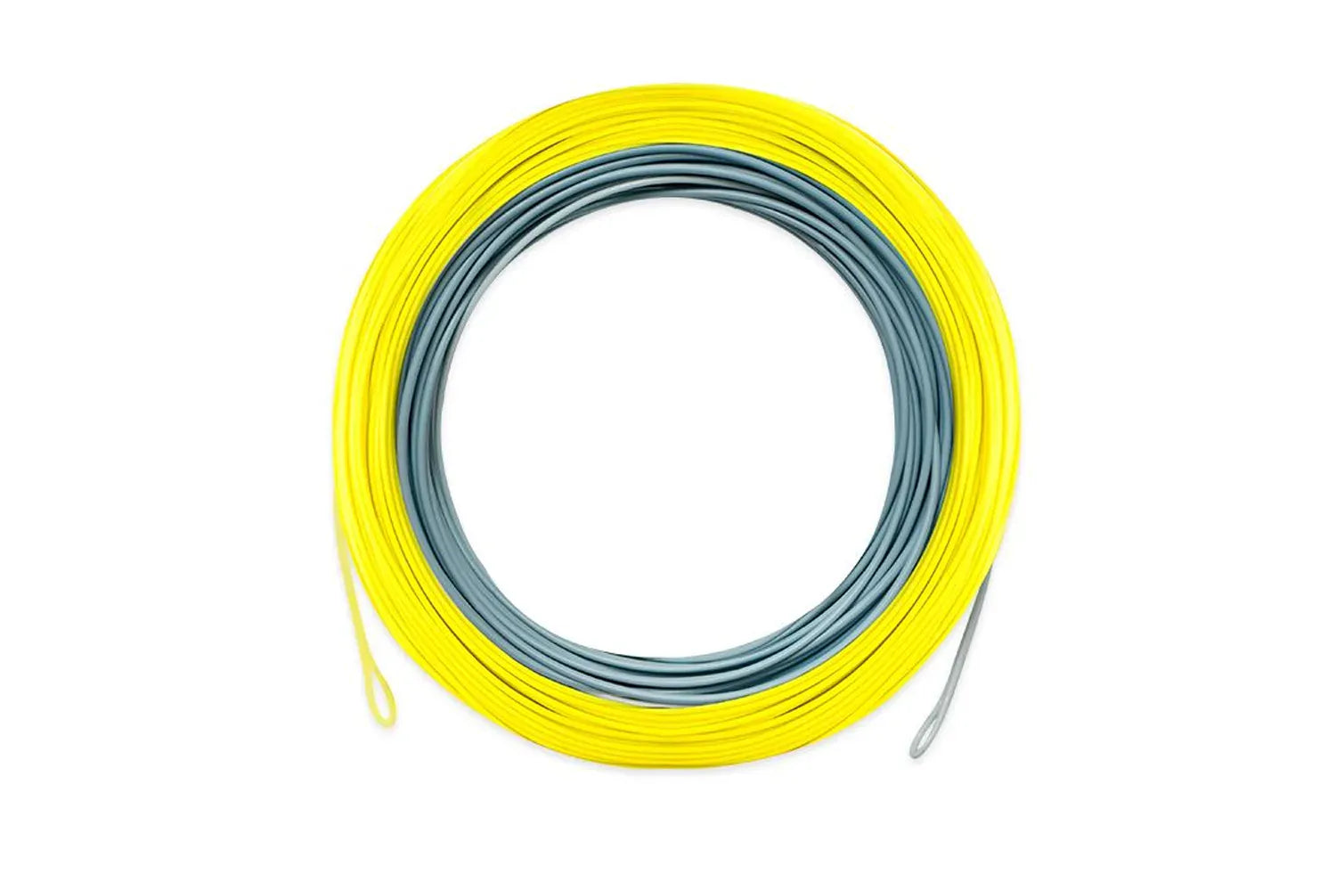 Coiled Airflo Superflo 40+ Extreme yellow outer and gray inner PVC-coated fly line with welded loops