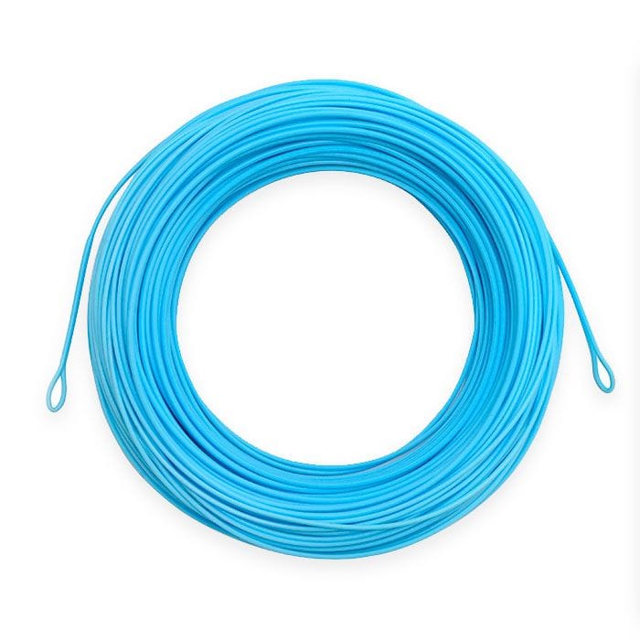 Bright aqua blue coiled saltwater fly line with welded loop ends and smooth coated finish