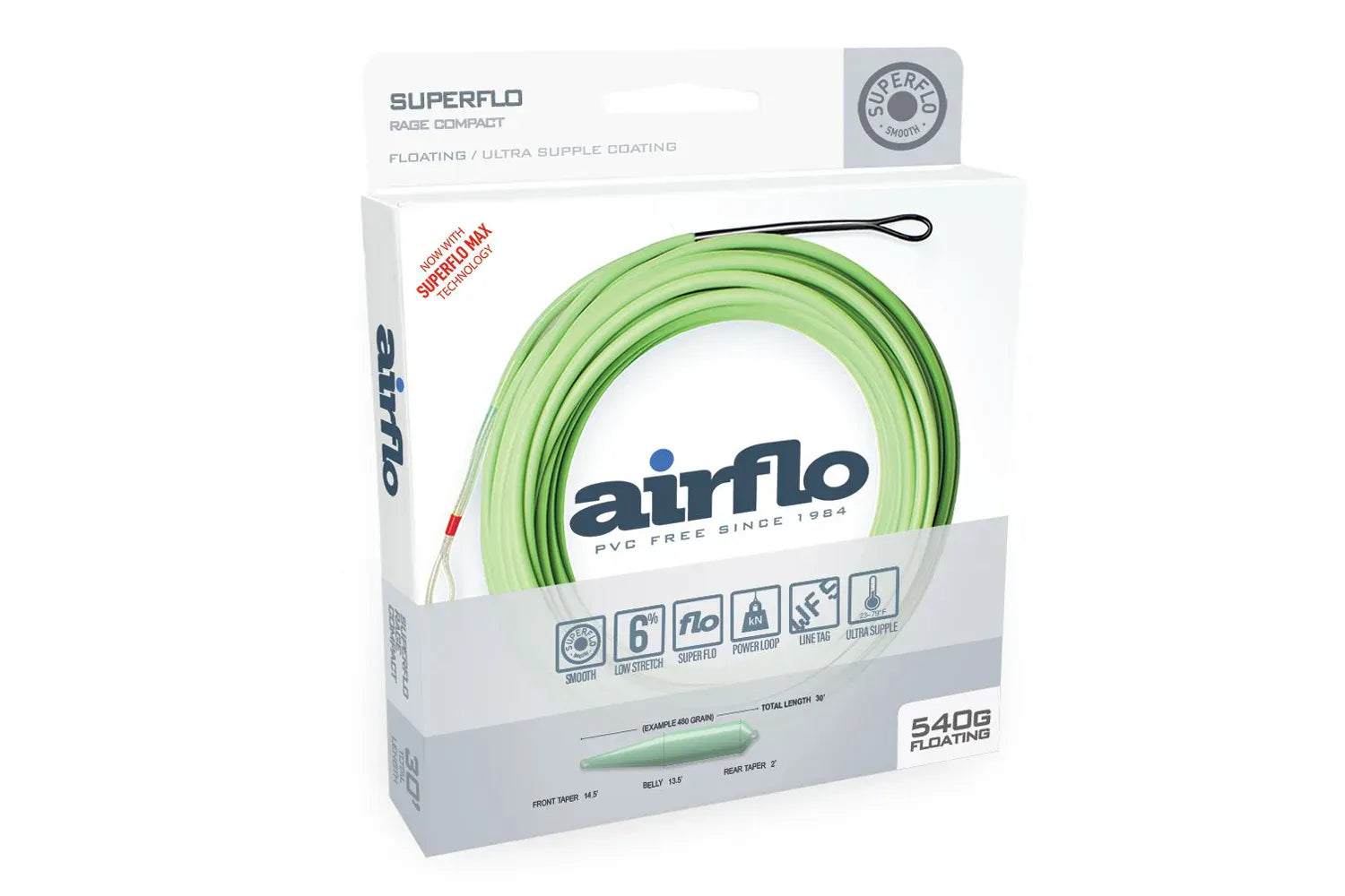 Airflo Superflo Max Rage compact floating fly line coil in lime green with black loop, white retail box and logo