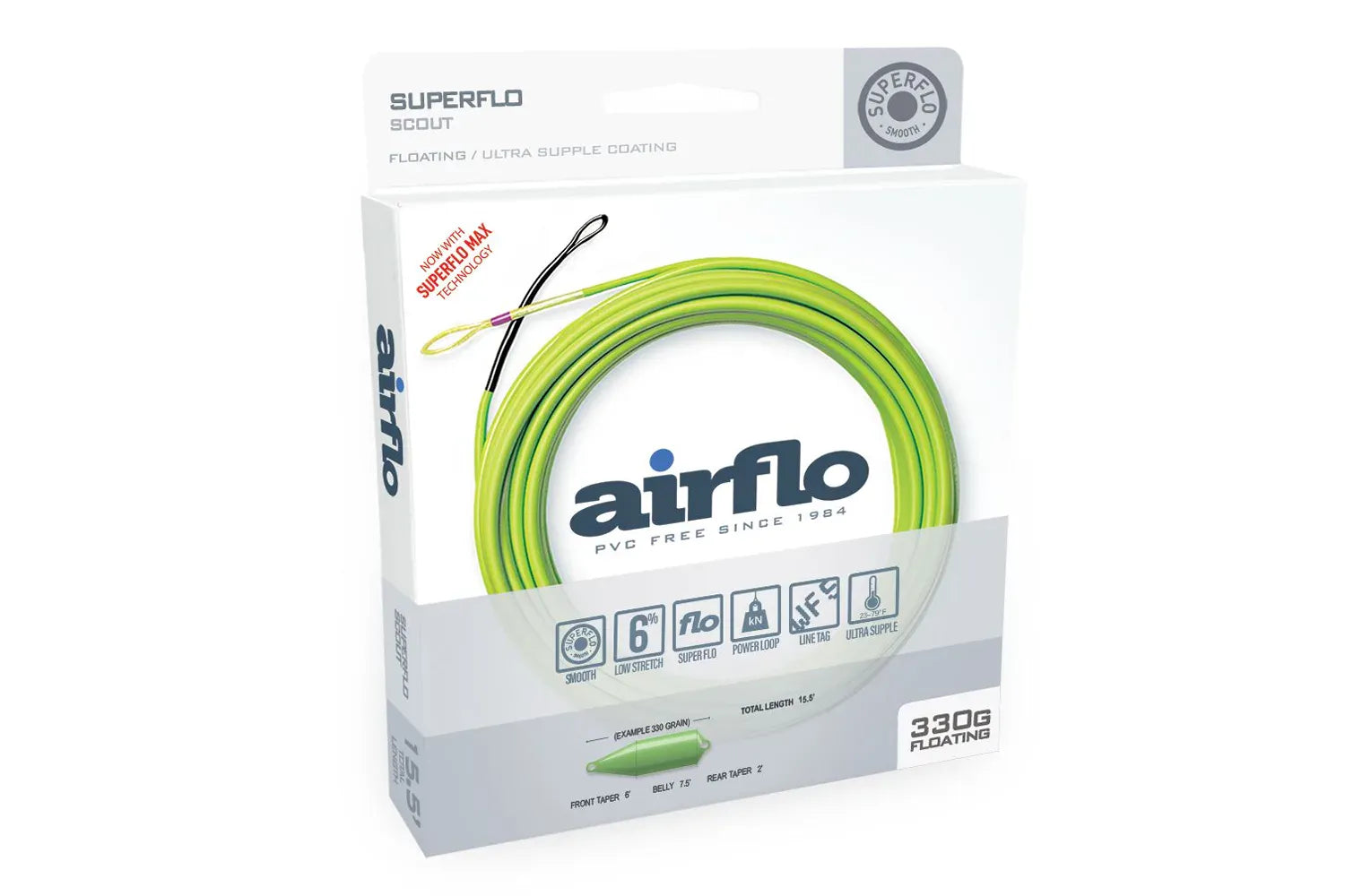 Airflo Superflo Max Scout bright lime-green PVC-free floating fly line coiled on white retail packaging