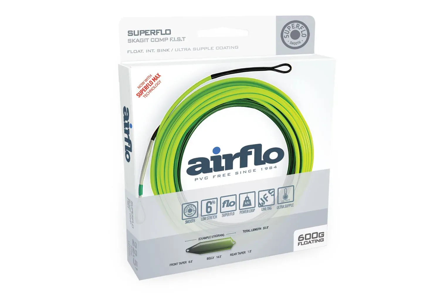 Airflo Superflo Skagit sinking fly line in bright lime and dark green coil with welded loop on white retail box