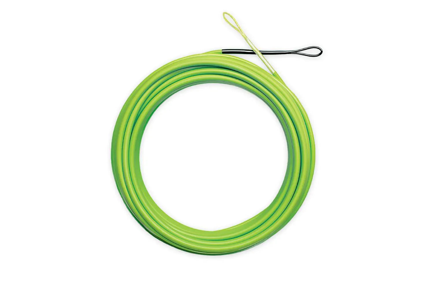 Coiled neon green Airflo Superflo Max Skagit floating fly line with welded loops, smooth PVC surface
