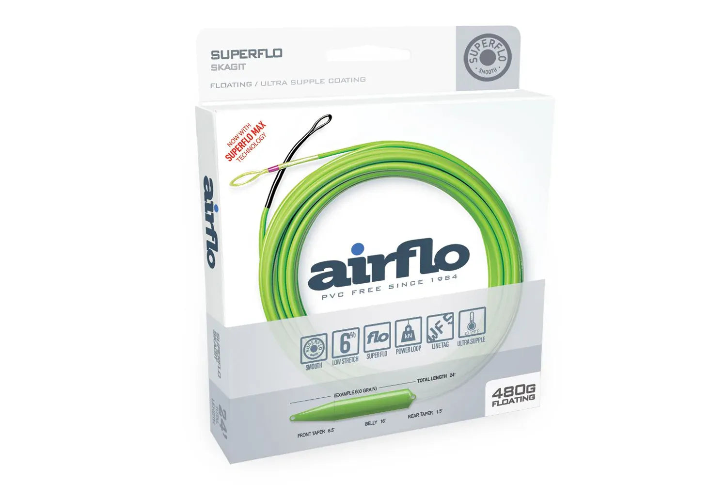 Airflo Superflo Max Skagit floating line, bright lime-green coiled fly line in white retail box with logo