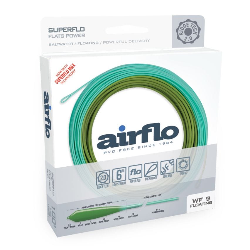 Airflo Superflo Ridge 2.0 teal and olive green coiled floating fly line in white retail box with Airflo logo