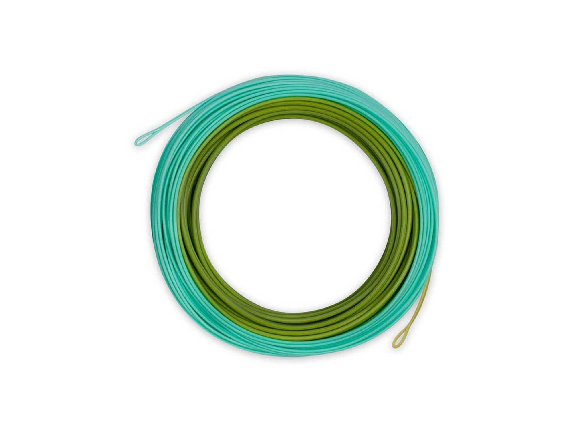 Airflo Superflo Ridge 2.0 fly line coiled in teal and olive green, smooth coated flats power taper with looped ends