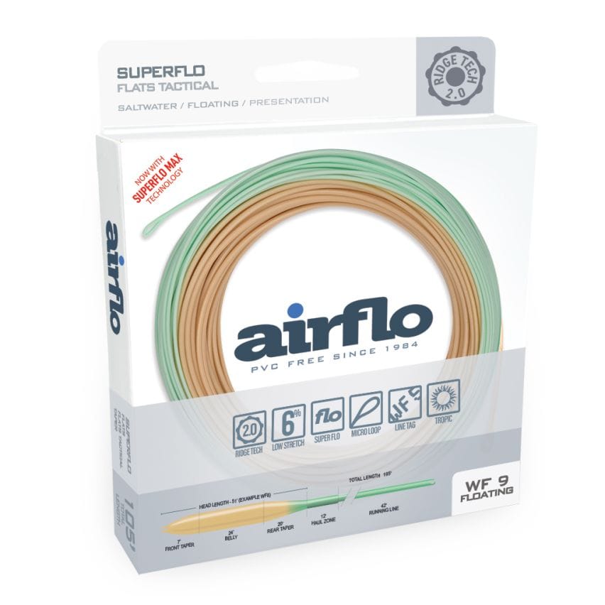 Airflo Superflo Ridge 2.0 flats tactical taper fly line, mint green and tan PVC-free coil on white retail box, WF9 floating