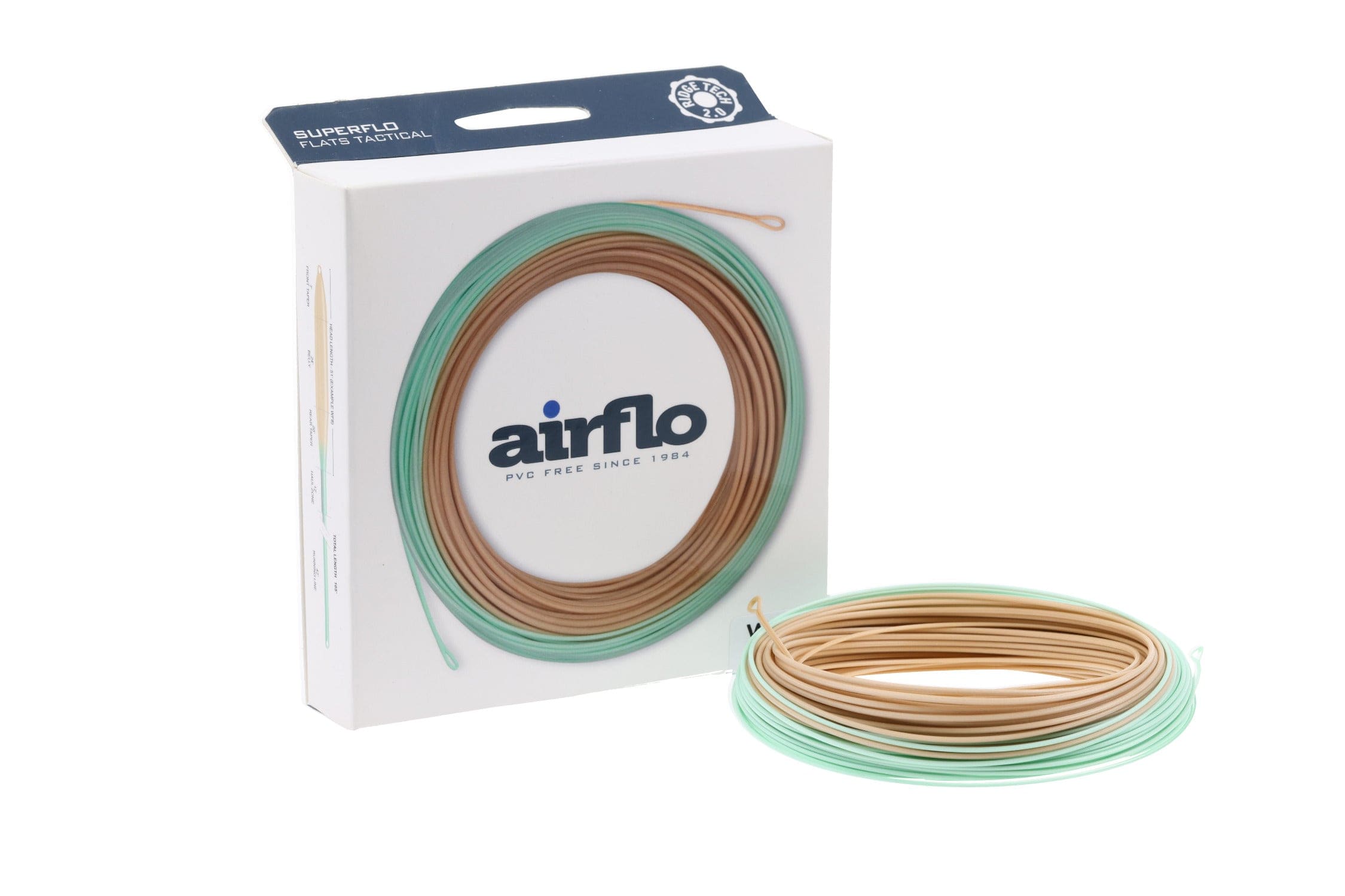 Airflo flats tactical taper fly line, coiled flat mint green and tan PVC-free fly line with branded white packaging