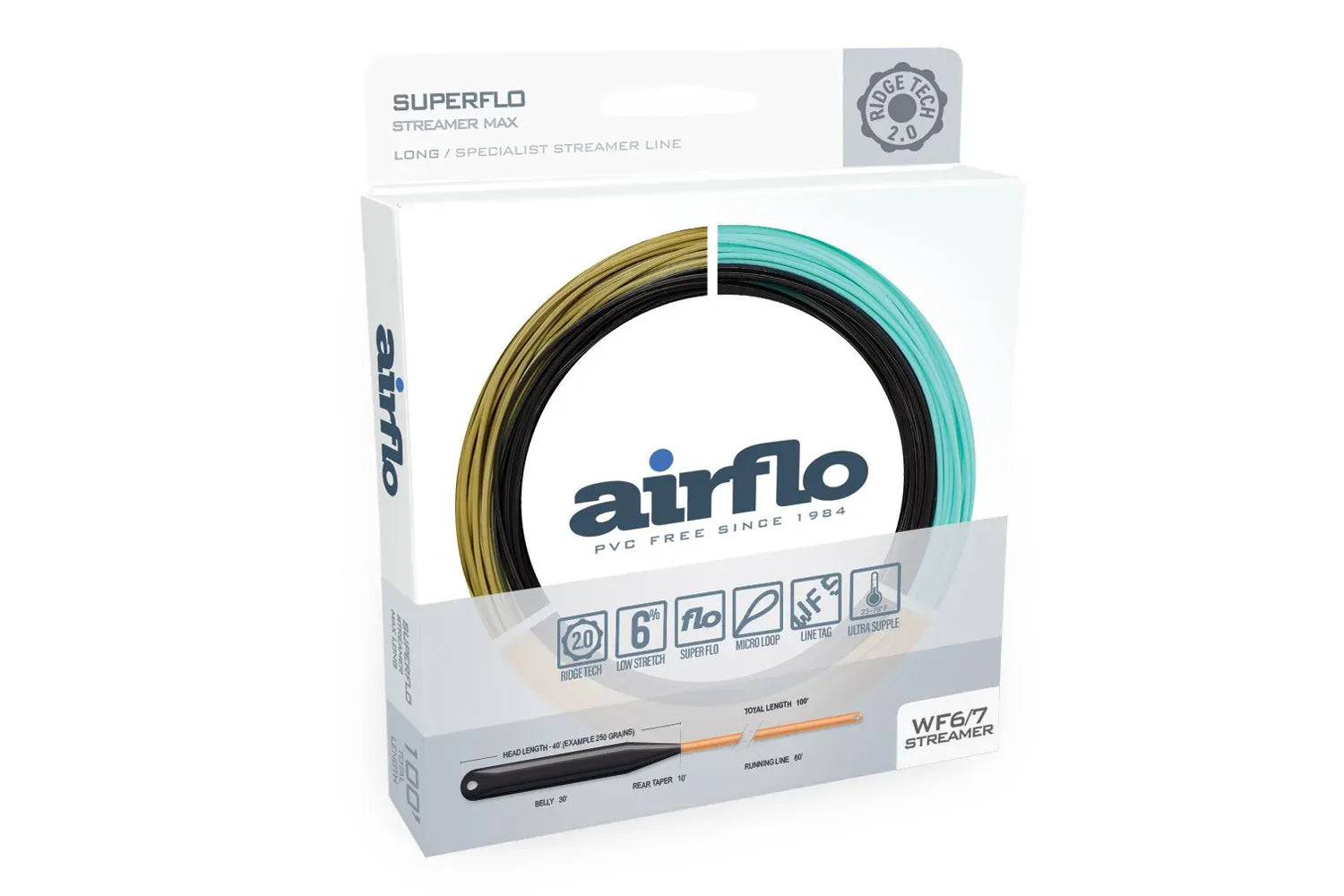 Airflo Superflo Streamer Max fly line in white box displaying coiled olive, black and turquoise line and Airflo logo