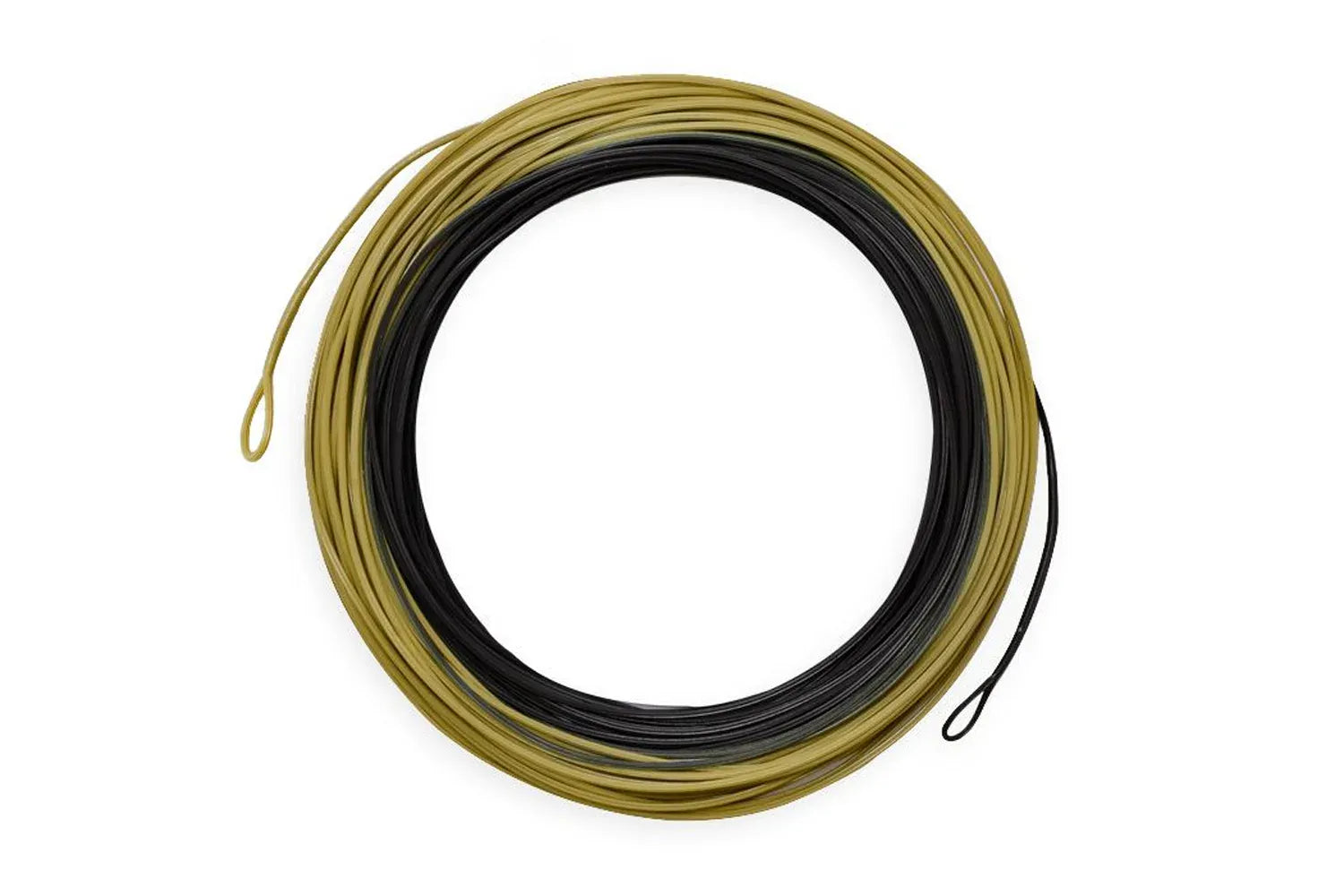 Airflo two-tone olive and black coated fly line, coiled streamer-style with welded loop ends for fly fishing