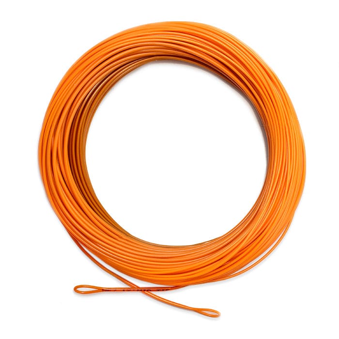 Bright orange Airflo Superflo sink-tip fly line coiled with stitched loop ends, smooth low-stretch PVC construction