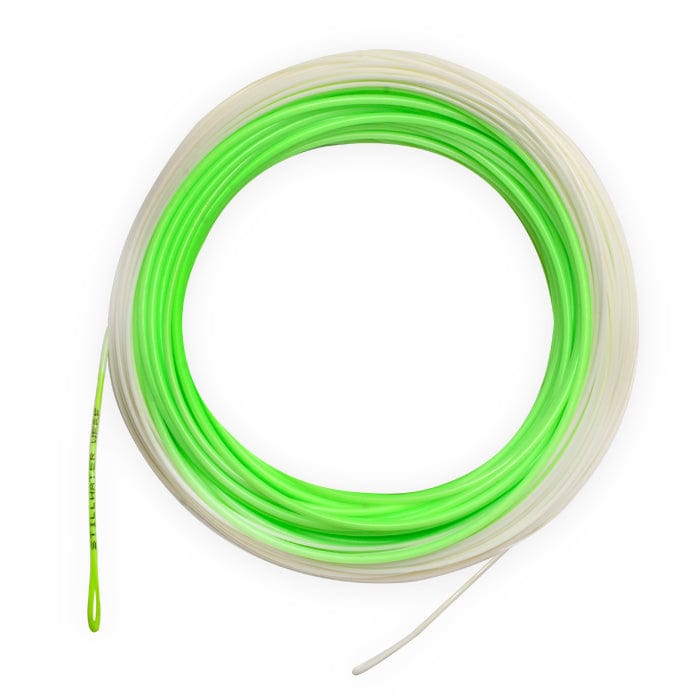 Airflo Stillwater floating fly line coil, chartreuse green core with translucent white outer and welded loop
