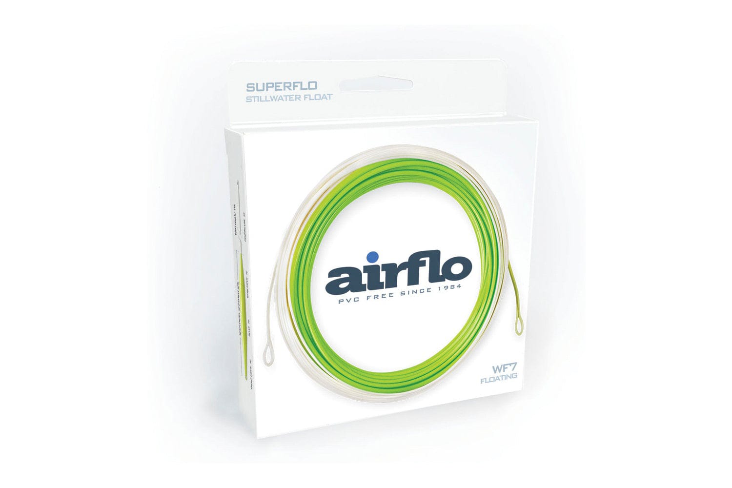 Airflo Superflo lime green and white coiled floating fly line in white retail box with Airflo logo