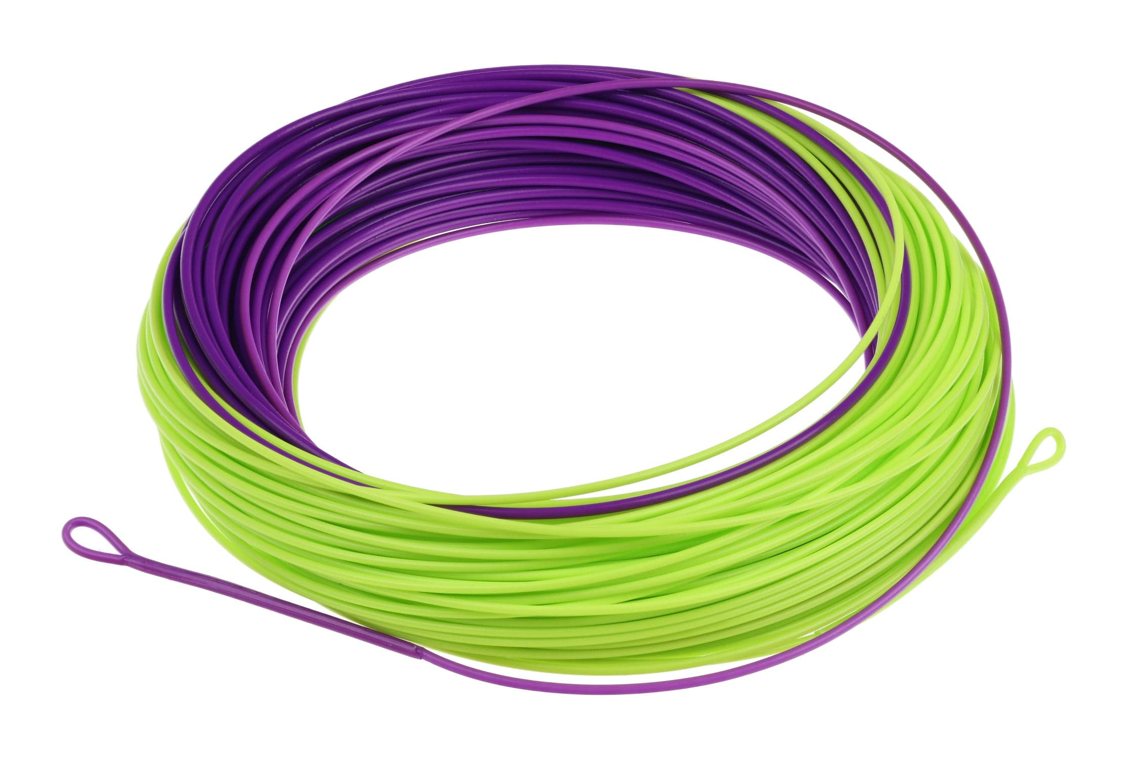 Coiled Airflo Superflo streamer float fly line in bright purple and chartreuse, smooth PVC line with welded loops